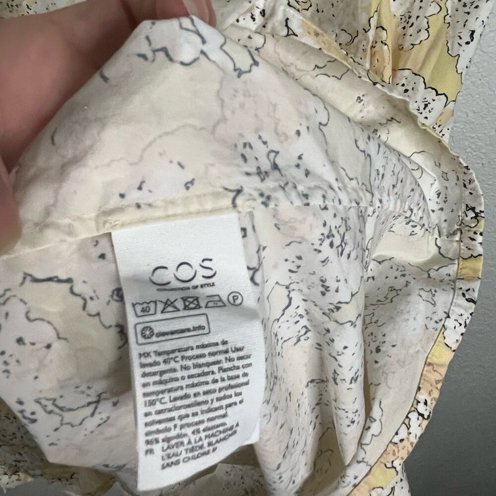 COS sleeveless smocked abstract digital print in yellow/white midi dress Office - Picture 9 of 10